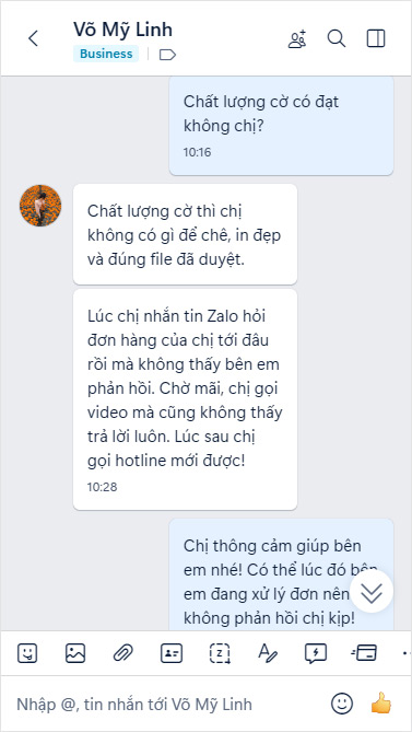 Chị Võ Mỹ Linh hài lòng về chất lượng in cờ nhưng không hài lòng về thời gian phản hồi