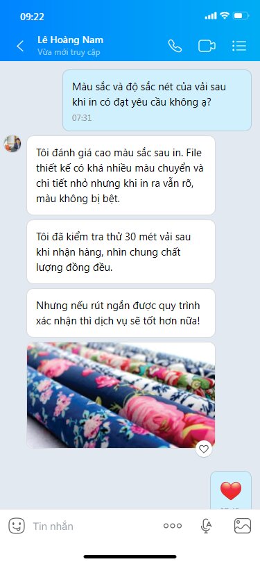 Đánh giá dịch vụ in vải kỹ thuật số của anh Lê Hoàng Nam (Công ty may mặc Song Ngọc)